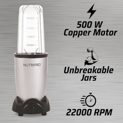 NutriPro Juicer Mixer Grinder - Smoothie Maker - 500 Watts (2 Jars & 1 Blade, Silver) - 2 Year Warranty