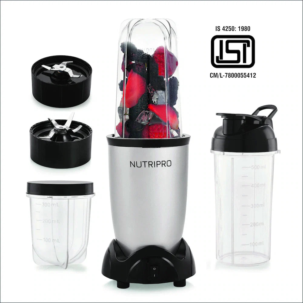 NutriPro Juicer Mixer Grinder - Smoothie Maker - 500 Watts (2 Jars & 1 Blade, Silver) - 2 Year Warranty